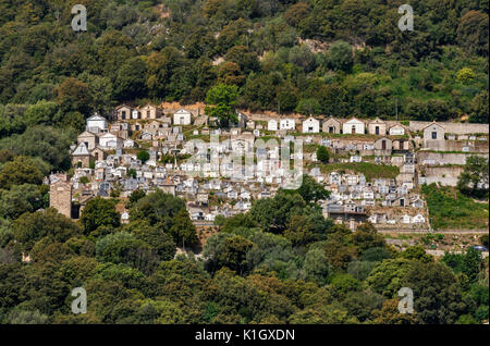 Cemetery at hill town of Olmeto on slope of Punta di Buturettu mountain, Corse-du-Sud, Corsica, France Stock Photo