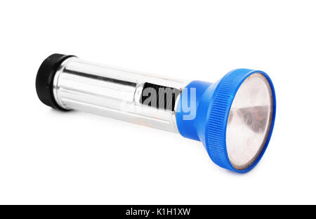 Old broken blue pocket torch flashlight isolated on a white background Stock Photo