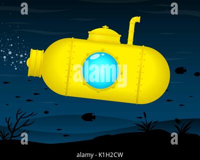 Yellow submarine under deep sea - illustration Stock Vector