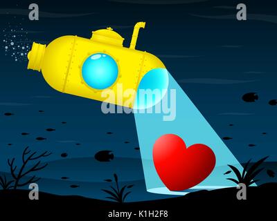 Yellow submarine finds heart on the ground of the sea - illustration Stock Vector