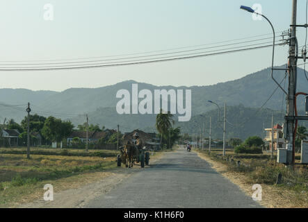 Nha Trang, Vietnam - Mar 21, 2016. Ox cart on rural road in Nha Trang, Vietnam. Nha Trang is a coastal city and capital of Khanh Hoa, on the South Cen Stock Photo