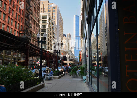 The Jewelers Row District on Wabash Avenue in Chicago's Loop sits below the CTA tracks and is comprised of historic brick loft buildings. Stock Photo