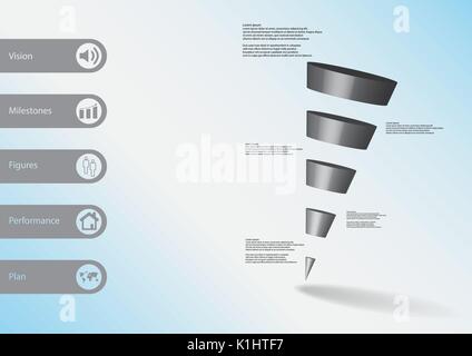 3D illustration infographic template with motif of sloping cone triangle horizontally divided to five grey slices with simple sign and text on side in Stock Vector