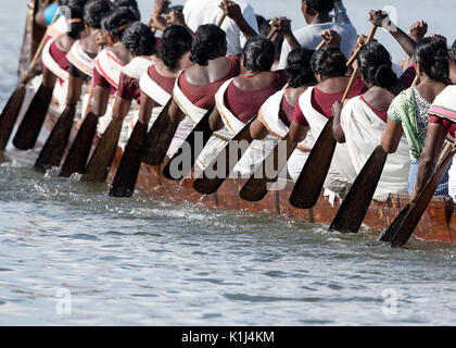The image of women  rowing Snake boat in Nehru boat race day, Allaepy, Punnamda Lake, Kerala India Stock Photo