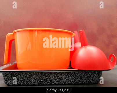 Jar and plastic funnels Stock Photo