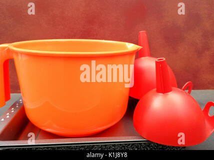 Jar and plastic funnels Stock Photo