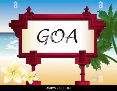 architectural element with an inscription of Goa and the background of palm trees and the sea Stock Vector