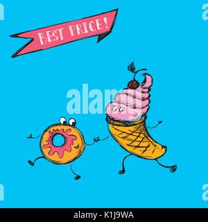 donut and ice cream, hand drawn, vector illustration Stock Vector