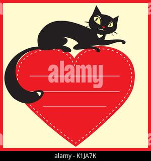 Background with black cat on heart and place for text, vector illustration Stock Vector