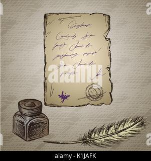 Goose feather , elegant old-fashioned decorative inkpot ,old paper with inscription. Vintage background. Hand drawn vector Stock Vector