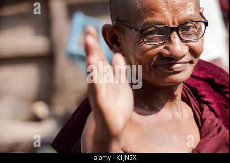 A close-up portrait of Buddhist monk, Mawlamyine, Mon State, Myanmar. Stock Photo