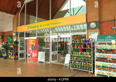 Morrisons Supermarket, entrance,  foyer, Fakenham, Norfolk, England, UK, English supermarkets, store, stores Stock Photo