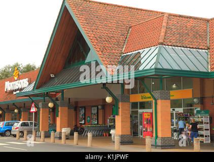 Morrisons Supermarket, entrance,  foyer, Fakenham, Norfolk, England, UK, English supermarkets, store, stores Stock Photo