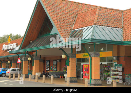 Morrisons Supermarket, entrance,  foyer, Fakenham, Norfolk, England, UK, English supermarkets, store, stores Stock Photo