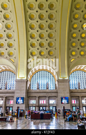 Washington DC, USA - July 1, 2017: Inside Union Station in capital city with transportation signs and people walking Stock Photo