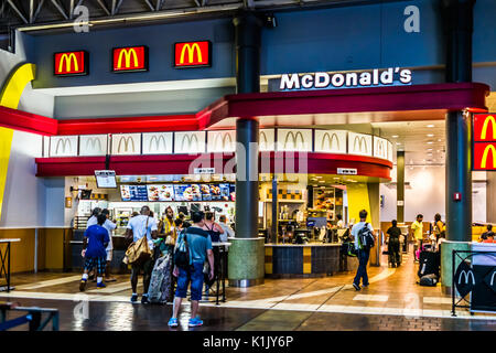 Washington DC, USA - July 1, 2017: Inside Union Station in capital city with shopping mall food court and McDonalds restaurant sign Stock Photo