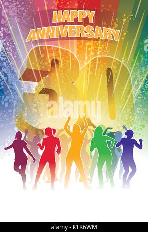 Colorful crowd of dancing people celebrating thirtieth anniversary Stock Vector