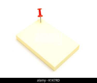 Red color push pin and yellow sticky note on isolated white background Stock Photo