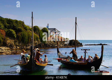 Replica, Viking, Longboats at Bull Bay, Anglesey, North Wales, United Kingdom. Stock Photo