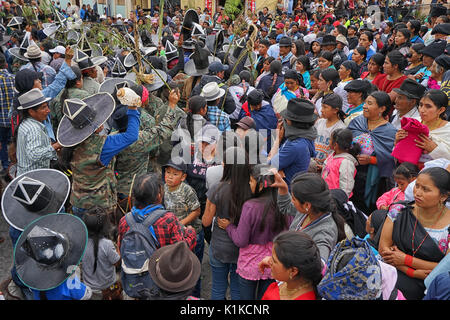 June 29, 2017 Cotacachi, Ecuador: indigenous Kichwa crowd on the street celebrating Inti Raymi Stock Photo