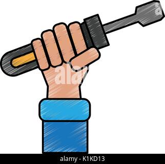 Colorful hand with screwdriver doodle over white background vector illustration Stock Vector