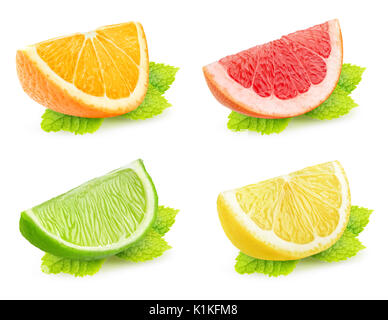 Collection of isolated citrus slices with mint. Pieces of orange, grapefruit, lime and lemon with mint leaf isolated on white background with clipping Stock Photo