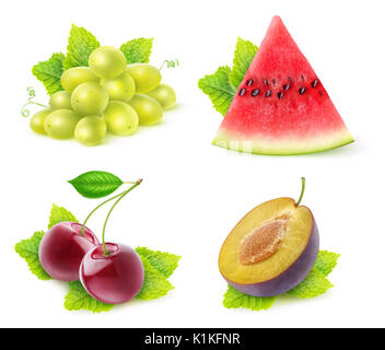 Isolated fruits with mint. Slice of watermelon, white grapes, cherries and half of plum fruit with mint leaves isolated on white background with clipp Stock Photo