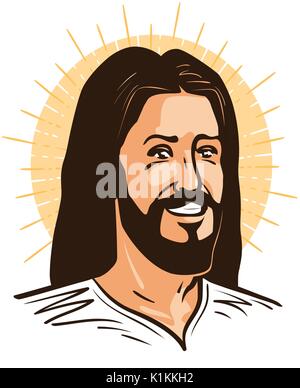 Portrait of happy Jesus Christ. Messiah, God symbol Christianity. Cartoon vector illustration Stock Vector