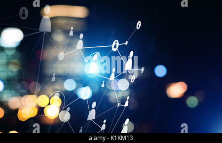 Background conceptual image with social connection lines on dark backdrop Stock Photo