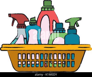 colored blurred silhouette of cleaning products in plastic basket Stock Vector