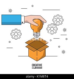 colorful poster creative process with silhouette of hand with light bulb and cardboard box Stock Vector