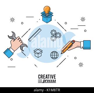 colorful poster creative process with silhouettes of hands with wrench and pencial and light bulb on cardboard box Stock Vector