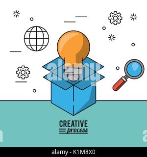 colorful poster creative process with cardboard box and light bulb and magnifying glass Stock Vector