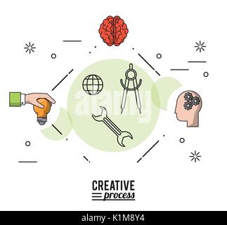 colorful poster creative process with silhouettes of hand with light bulb and brain and face with pinions Stock Vector