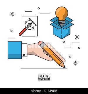 colorful poster creative process of hand with pencil making line and icons of light bulb in cardboard box and fountain pen Stock Vector