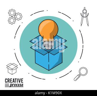 colorful poster creative process of circle with cardboard box and light bulb Stock Vector