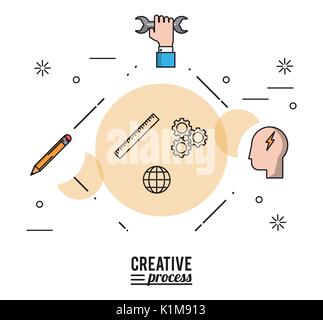colorful poster creative process with silhouettes of hand with wrench and face with ray and pencil Stock Vector
