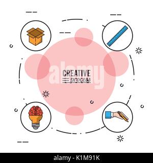 colorful poster creative process with icons on circles of cardboard box and ruler and hand with pencil and light bulb in shape of brain Stock Vector