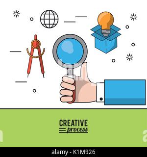 colorful poster creative process with hand holding magnifying glass and icons of compass and light bulb in cardboard box Stock Vector