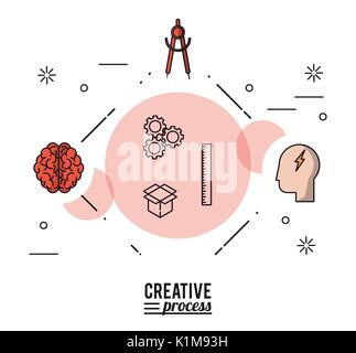 colorful poster creative process with silhouettes of brain and compass and face with ray Stock Vector