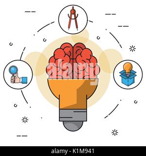 colorfulbackground with light bulb on shape of brain and icons of hand with magnifying glass and compass and light bulb in cardboard box Stock Vector