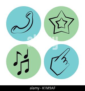 white background with icons on circles of phone and star and music notes and hand Stock Vector