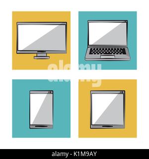 white background with color frames with icons in top view of tech devices Stock Vector