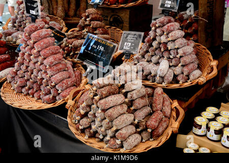 Italian salami sausage on a street market, Ystad, Scania, Sweden Stock Photo