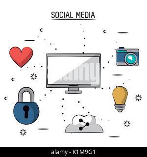 colorful poster of social media with desktop computer and icons heart and padlock and cloud link and light bulb and camera Stock Vector