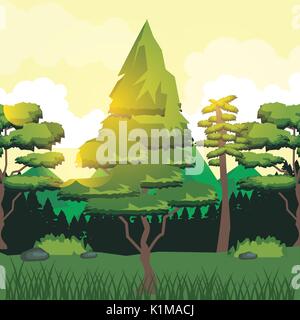colorful background of valley landscape and the forest in background with sun rays Stock Vector