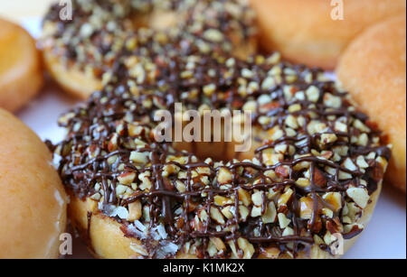 Close-up of Chocolate with Chopped Almond doughnut, Selective Focus and Blurred Background Stock Photo
