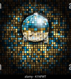 Golden Blue Disco Ball with Light Rays on Mosaic Glitter Background Stock Vector