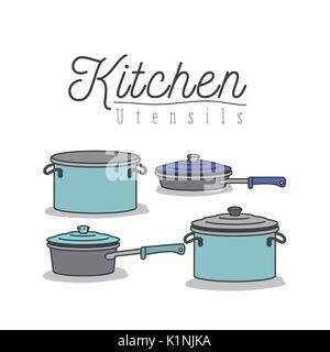 white background with colorful set of kitchen pots and pans with lids kitchen utensils Stock Vector
