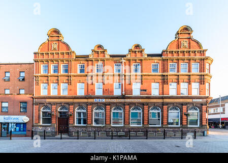 Northampton, UK - Aug 10, 2017: Clear Sky morning view of BBC Radio building at Abington Street in Northampton Town Centre. Stock Photo